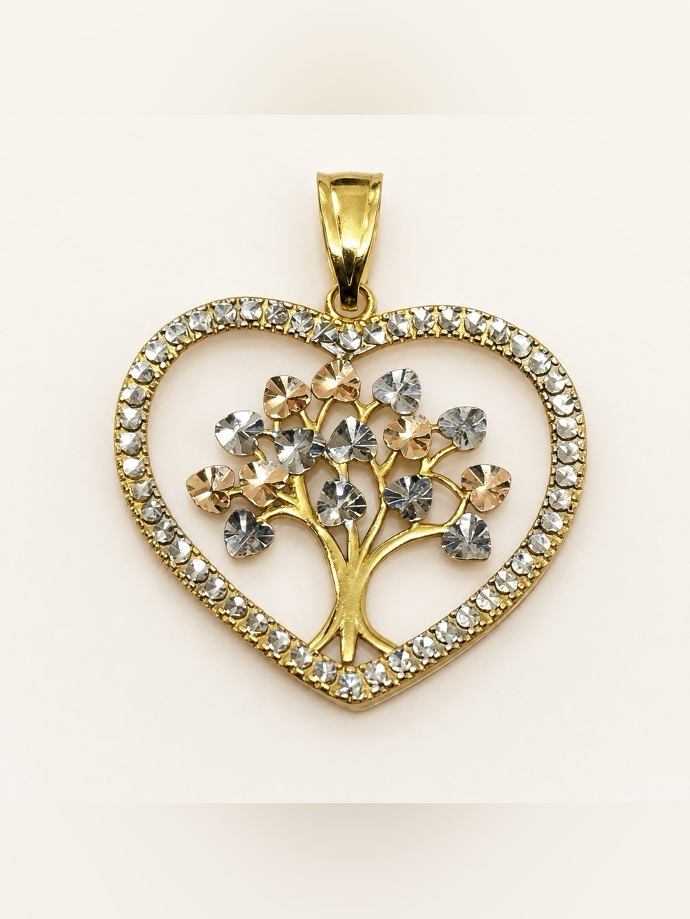 14K Tri-Color Gold Tree of Life Heart Pendant | 2.2g